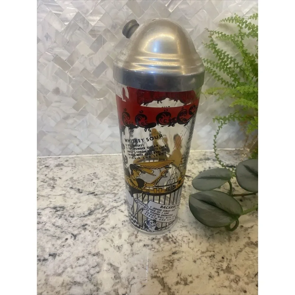 Vintage MCM Bartender‎ Bar Cocktail Shaker with Recipes Clear Glass speakeasy